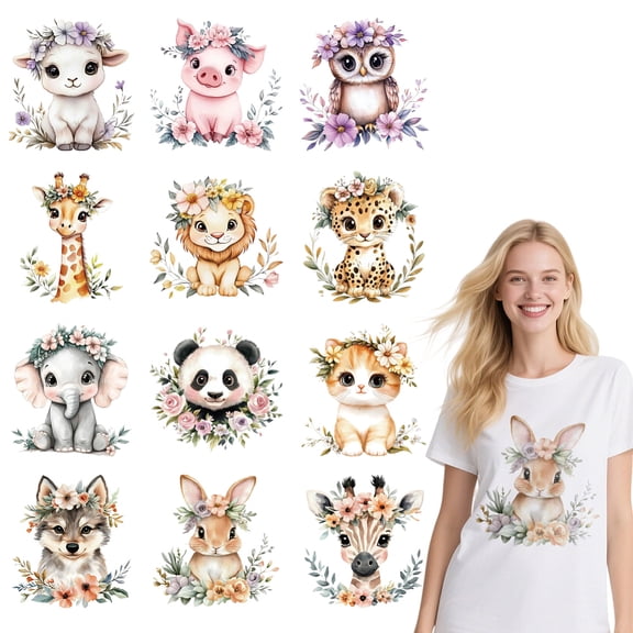 12 Sheets Flower Animals Iron on Stickers Cartoon Rabbit Pig Print Transfer Stickers Decals for Backpacks Families Clothing Hat Decoration Applique
