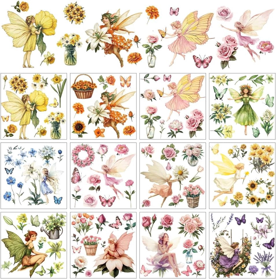 12 Sheets Flower Fairy Rub on Transfers for Crafts Colorful Fantasy ...