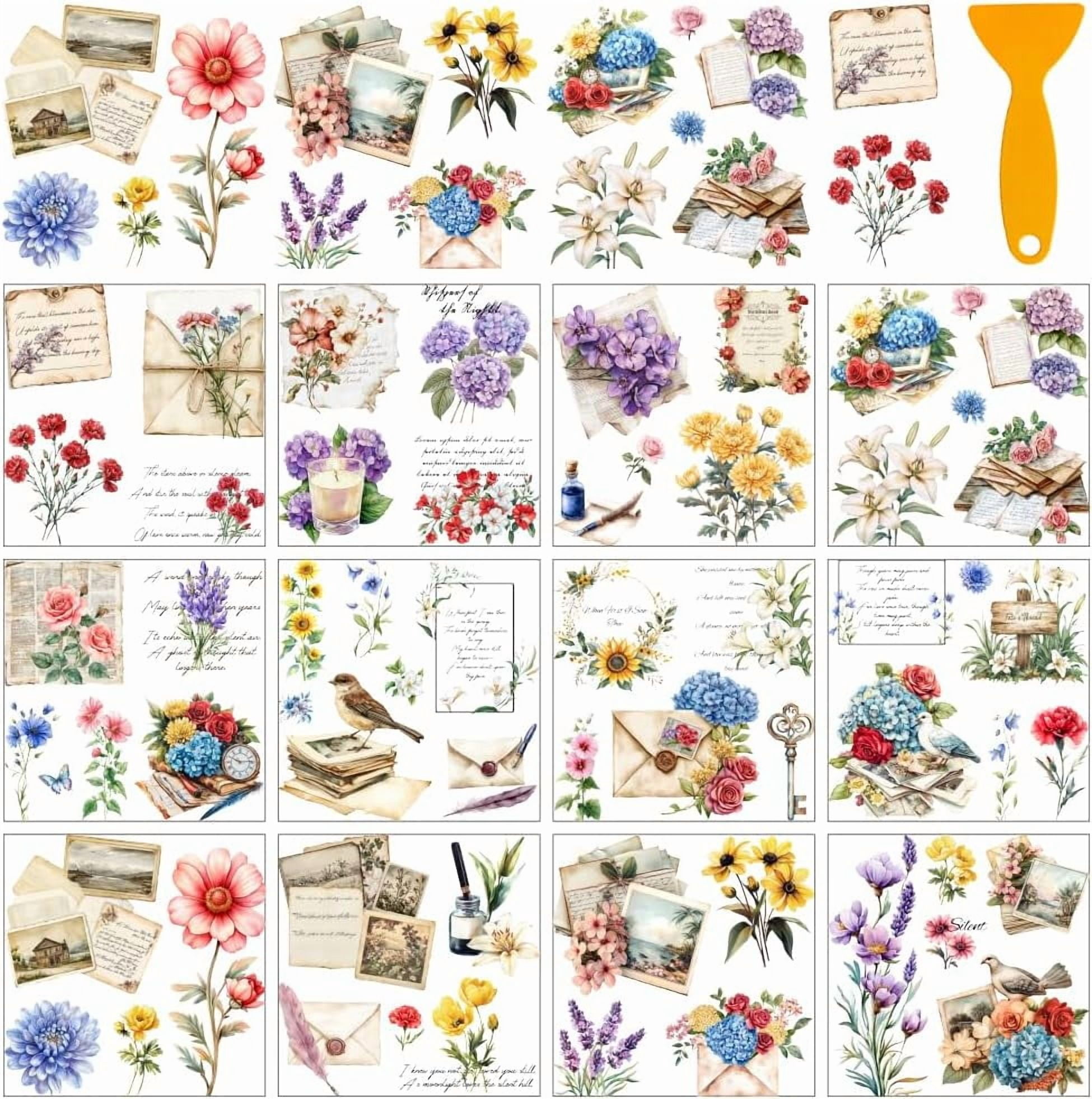 Flower Transfer Stickers 12 Sheets Flower Rub On Transfer Stickers with Scraper Retro Flowers ...