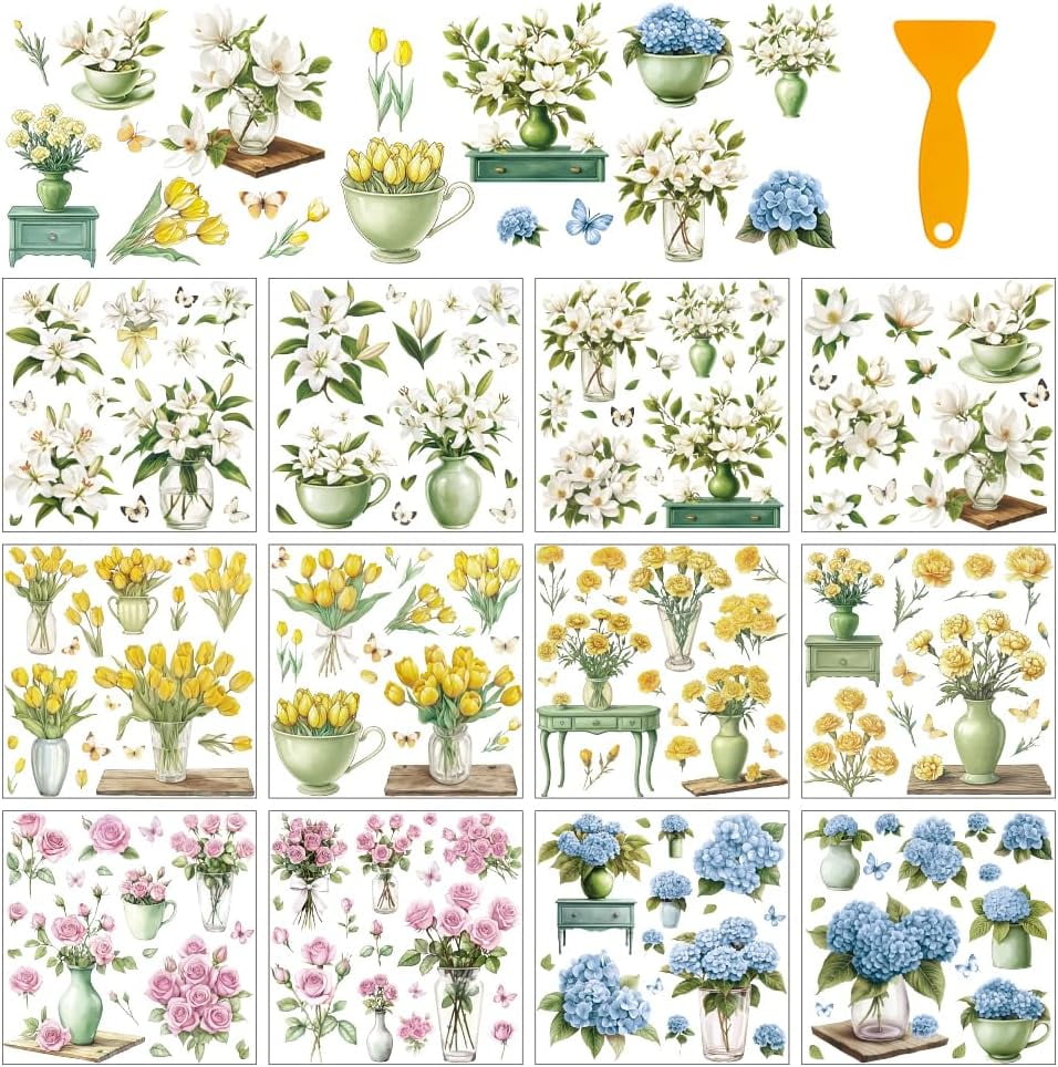 12 Sheets Flower Rub on Transfers for Crafts Colorful Bouquet Vase ...