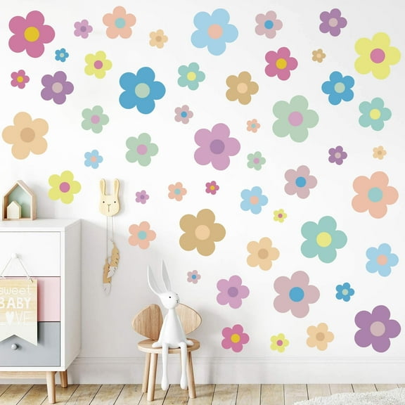 12 Sheets Flower Wall Decals Cute Colorful Floral Wall Stickers Vinyl Peel and Stick Wall Decals Y2k Preppy Hippie Stickers Aesthetic Decor for Girls Nursery Bedroom Decoration Pastel Style