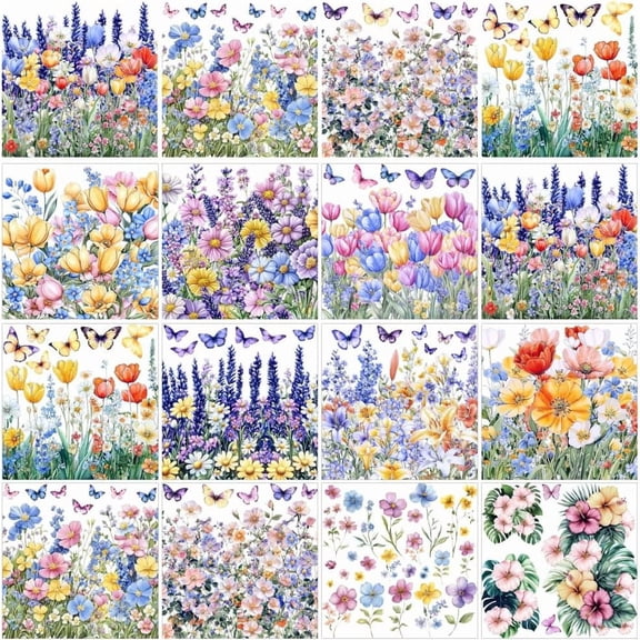 12 Sheets Flowers Rub on Transfers 12 Style Flower Clusters with Butterfly Heat Transfer Films Transfer Furniture Stickers for Arts Craft Decals 5.5x5.5 Inch colorful