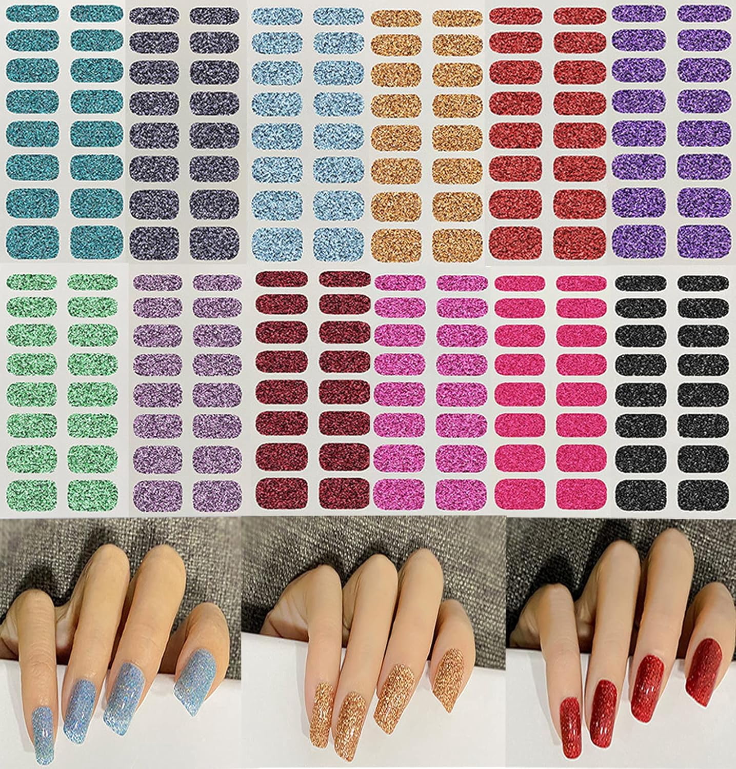 12 Sheets Glitter Nail Wraps Nail Polish Strips Solid Color Nail Polish ...