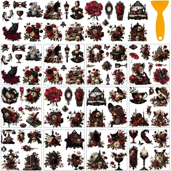 12 Sheets Gothic Rub on Transfer Stickers Dark Gothic Pattern Window Decoration Furniture Decal for Home School Office Decor DIY Crafts Supplies 5.5x5.5 Green