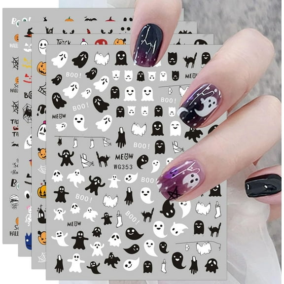 12 Sheets Halloween Nail Art Stickers Decals, Self-Adhesive Cute Kids Pumpkin Horror Scream Skull Bat Ghost Witch Nail Supplies Nail Art Design Decoration Accessories