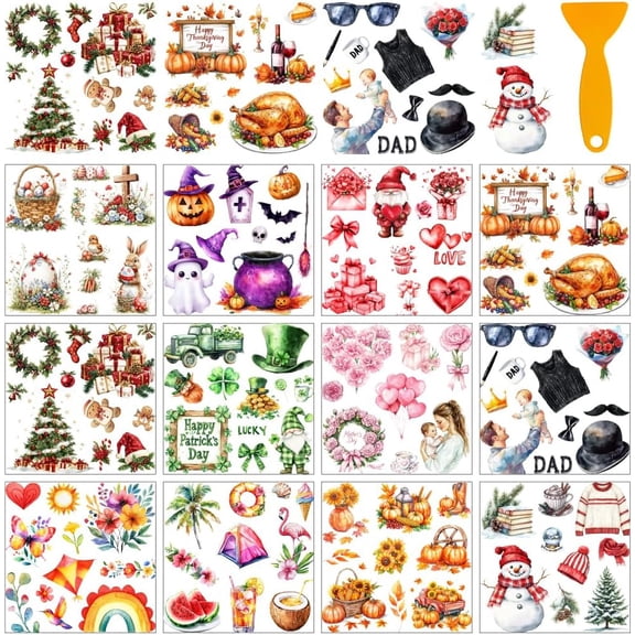 12 Sheets All Holiday Rub On Transfer Stickers with Scraper Christmas Winter Stickers for Bookstore Study Room Nursery School Window Decoration 5.5x5.5