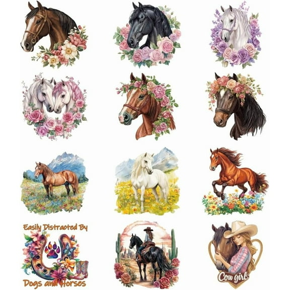 12 Sheets Horse Theme Iron on Decals Patches Horse with Cow Girl Iron on Stickers Horse with Flowers Heat Transfer Stickers PET Washable Patches for DIY Clothes Decor 9inch Long Colorful