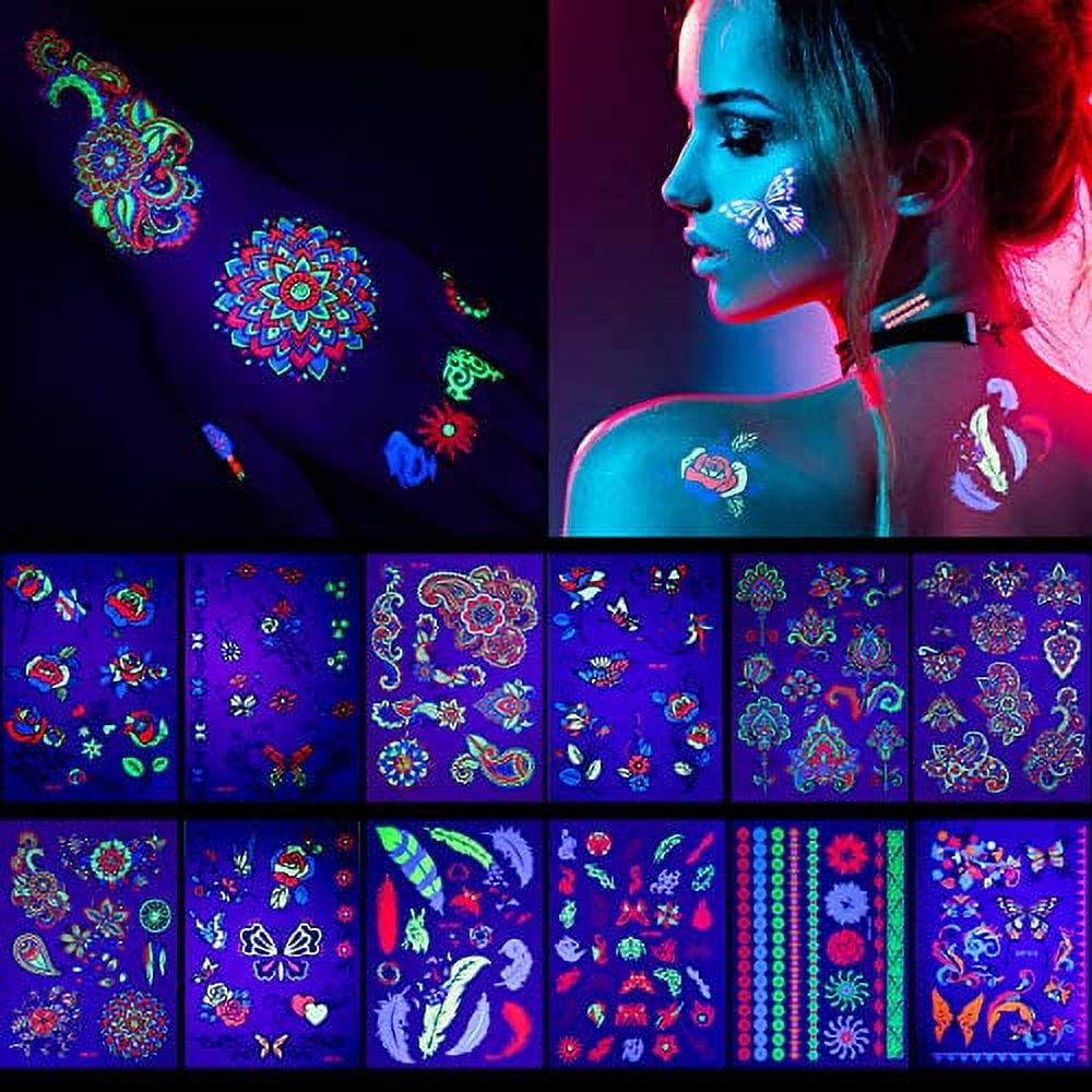 COKOHAPPY 20 Sheets Glow under UV Blacklight Neon Temporary Tattoo 160+  Styles Neon Accessories for Glow Party Blacklight Bachelorette Waterproof  Luminous Fake Tattoo For Women Neno Party Rave Supplies