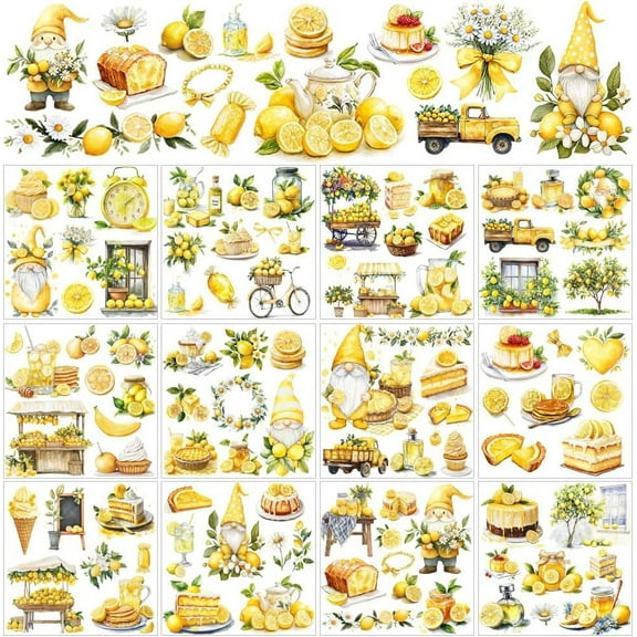 12 Sheets Lemon Rub on Transfer Stickers Lemon and Gnome Rub on Transfers Summer Lemon Tree Rub on Decals Lemon Dessert Sticker for Crafts Glass Wood Furniture DIY Home Decor 5.5x5.5"