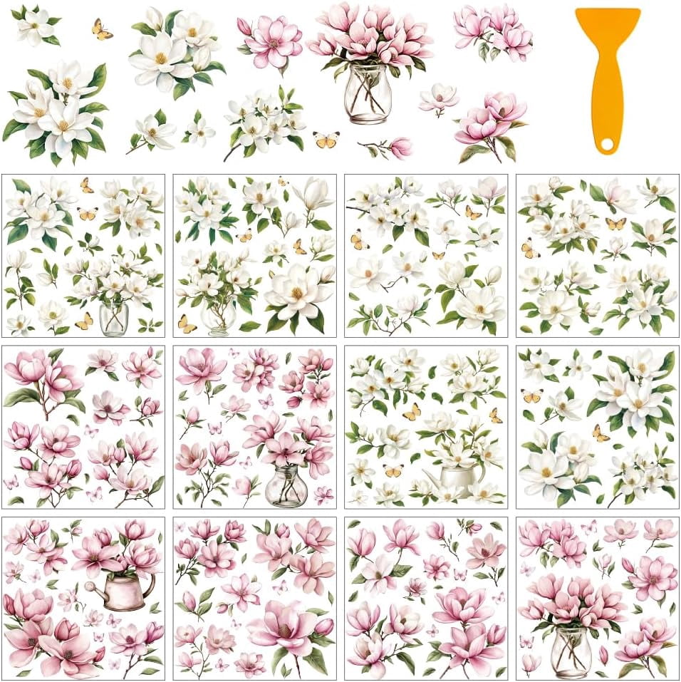 Flower Transfer Stickers 12 Sheets Magnolias Rub on Transfers for Crafts White and Pink ...
