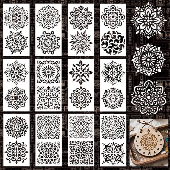 12 Sheets Mandela Painting Stencils 24 Styles Mandela Dot Drawing Templates Reusable Geometric Border Stencil for Painting on Wall Wood Home Decor
