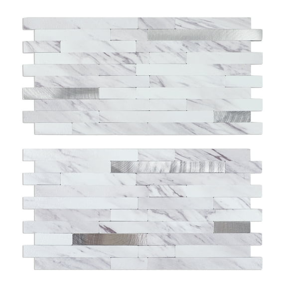 12 Sheets Peel and Stick Backsplash, Faux Stone PVC Wall Tiles Marble White Collage Tile Backsplash for Kitchen Bathroom
