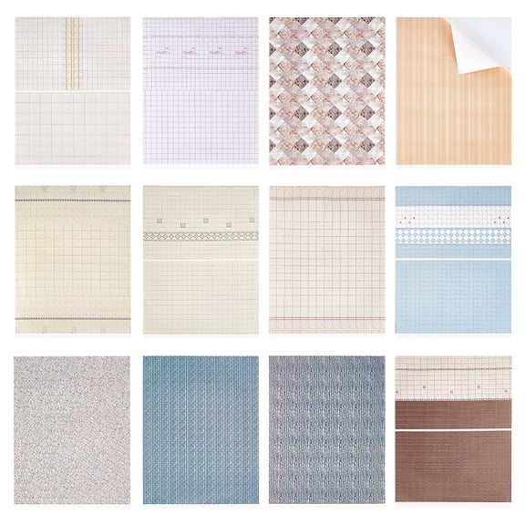 12 Sheets Mini House Wallpaper Stickers 11.3x8.3 Inch Self Adhesive Floor Pattern Wallpaper Architectural Model Sticker for Miniature House