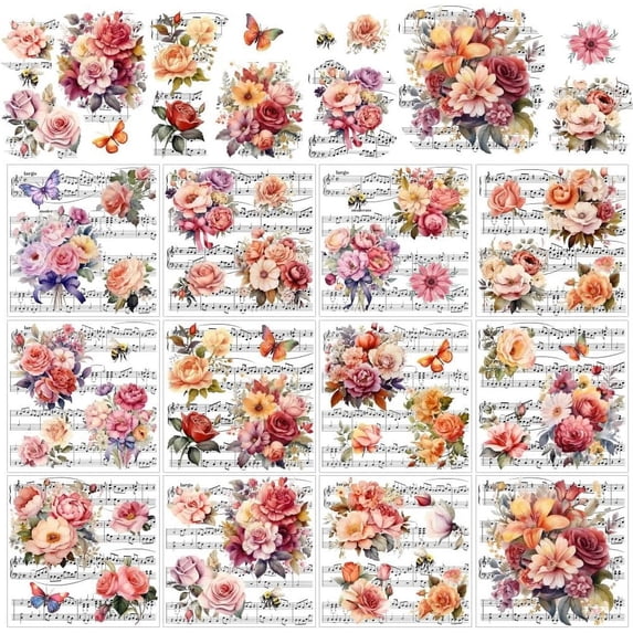 12 Sheets Music Flower Rub on Transfer Vintage Flowers Rub on Transfer Stickers Spring Summer Rub on Decal Stickers for Wood Paper Furniture DIY Crafts 5.5 x 5.5 Inches