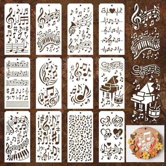 12 Sheets Musical Note Stencils for Painting 12 Styles Reusable Musical Designs Drawing Templates Plastic Art PET Templates