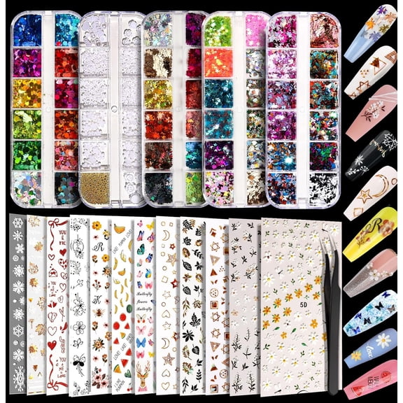12 Sheets Nail Art Sticker Self-Adhesive, Flower Nail Stickers 5D Embossed Nail Decals, 5 Boxes Nail Glitter Sequins Flakes, Nail Art Design Tools Self Adhesive