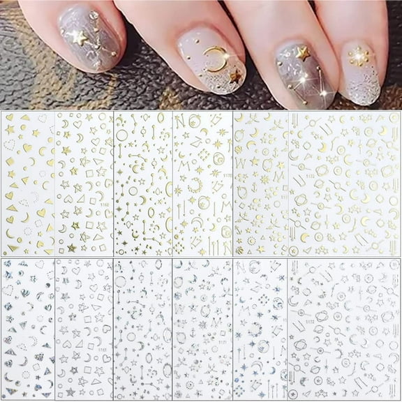 Jademall 12 Sheets Nail Art Stickers, 3D Self-Adhesive Gold Silver Sun Nail Stickers Nail Decals Nail Art Supplies Designs Star Moon Sun - Stars and Moon
