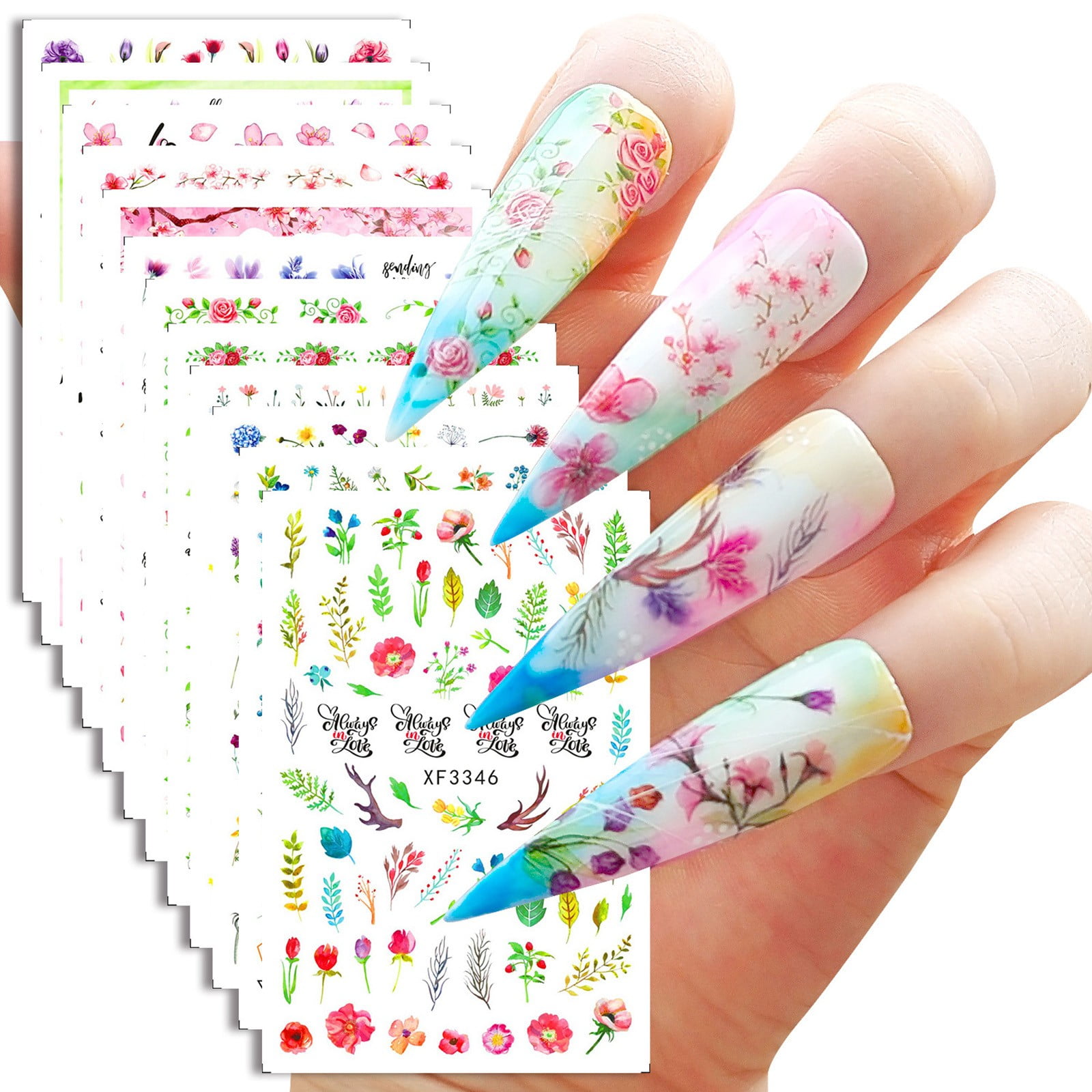 12 Sheets Nail Stickers Flower Rose Green Nail Decals Adhesive Nail ...