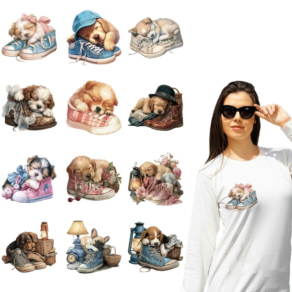 12 Sheets Puppie Theme Iron on Stickers Puppies Sleeping On Shoes Print Transfer Stickers Decals