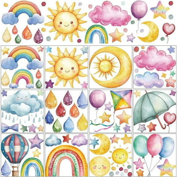 12 Sheets Rainbow Weather Rub on Transfer Stickers Sun Moon Stars Rub on Transfers Umbrella Art Decor Stickers for Crafts Glass Nursery Playroom Bedroom Classroom Kindergarten 5.5x5.5"