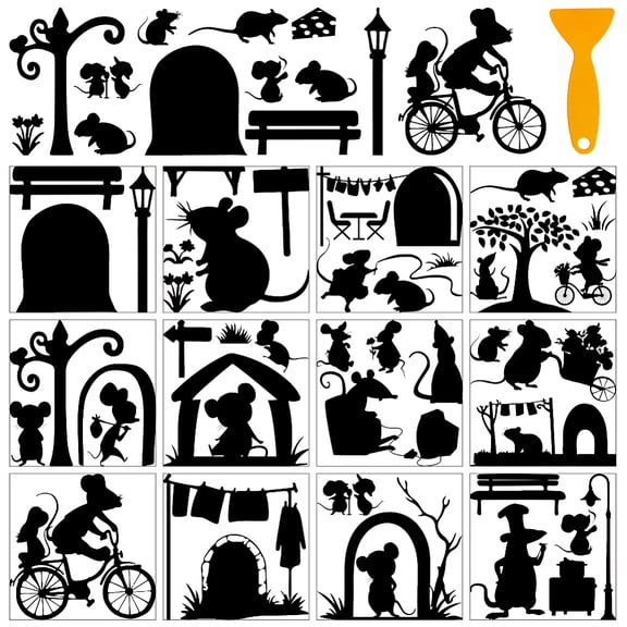 12 Sheets Rat Rub on Transfer Stickers Mouse Hole Silhouette Window Decoration Furniture Decal for Home School Office Decor DIY Crafts Supplies