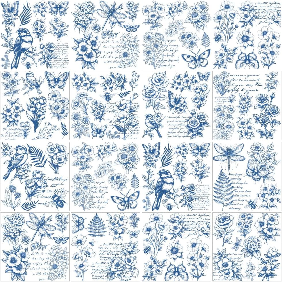 12 Sheets Retro Blue Pen Drawings Rub on Transfers 12 Style Blue Floral ...