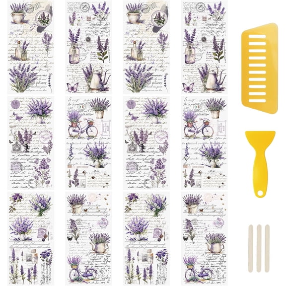 12 Sheets Retro Rub On Transfer Stickers,Lavender Decals Purple Flower Stickers Waterproof Decals Flower Stickers with Copywriting for Furniture Windows Craft Wall,12 * 6in