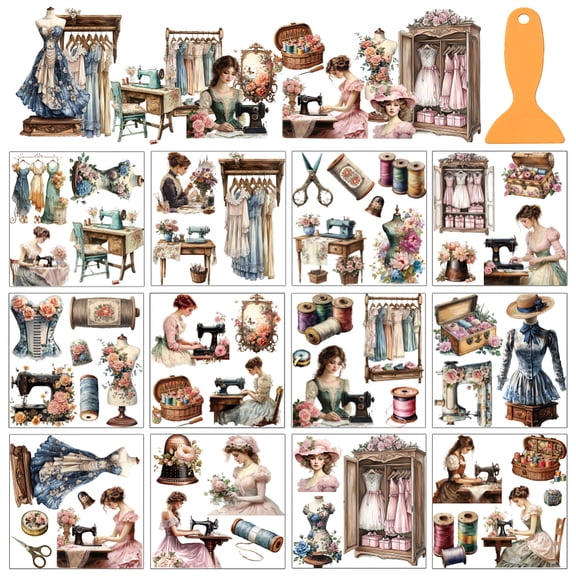 12 Sheets Retro Sewing Theme Rub on Transfer Stickers Sewing Machine Tailor Window Decoration Furniture Decal