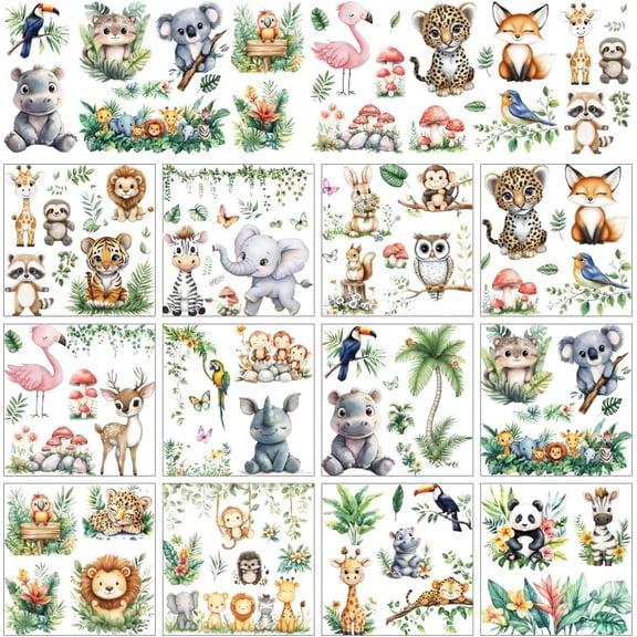 12 Sheets Rub On Transfer Stickers Cartoon Zoo Theme with Lion Tiger Elephant Panda Koala Parrot Ideal for Cartoon Land Kindergarten Dorm Decor