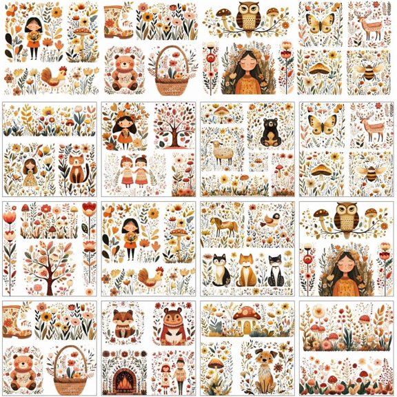 12 Sheets Rub On Transfer Stickers Folk Art Stickers with Floral & Animal Motifs for Home Classroom Crafts Decor DIY Cup 5.5 x 5.5 Inches