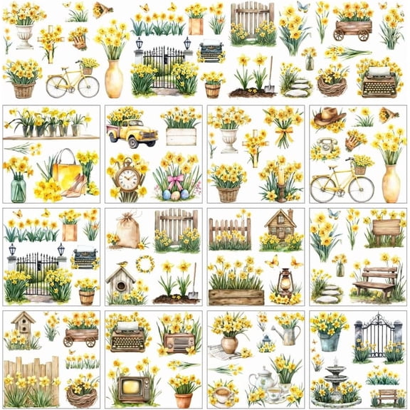 12 Sheets Rub On Transfer Stickers Vintage Themed with Daffodils Flowers Pocket Watch and Retro Country Decoration Ideal