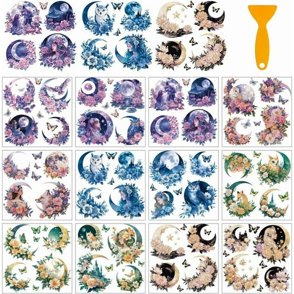 12 Sheets Rub On Transfer Stickers with Scraper Enchanting Moon & Floral Vintage Style Stickers Display