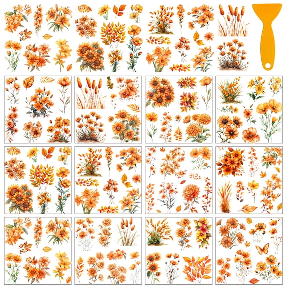 12 Sheets Rub On Transfer Stickers with Scraper Sunflowers Stickers Autumn Flowers for Home Decoration Bookstore Study Room School