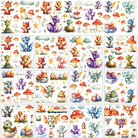 12 Sheets Rub On Transfer Stickers Adorned with Dinosaur Dragon Eggs Mushroom and Clouds Patterns Ideal for Decorating Home Classroom Nursery 5.5 x 5.5 Inches Mixed Color