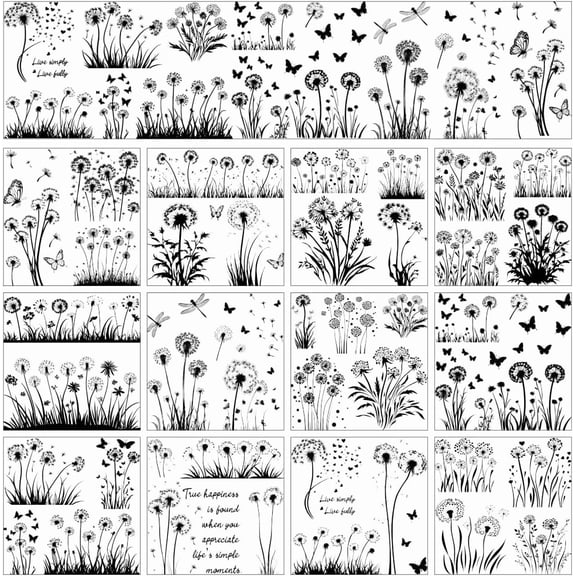 12 Sheets Rub On Transfer Stickers Minimalism Themed Stickers Black and White Flower Sticker with Dandelions Butterflies Flowers for Crafts Botter Porcelain Decor 5.5 x 5.5 Inches colorful