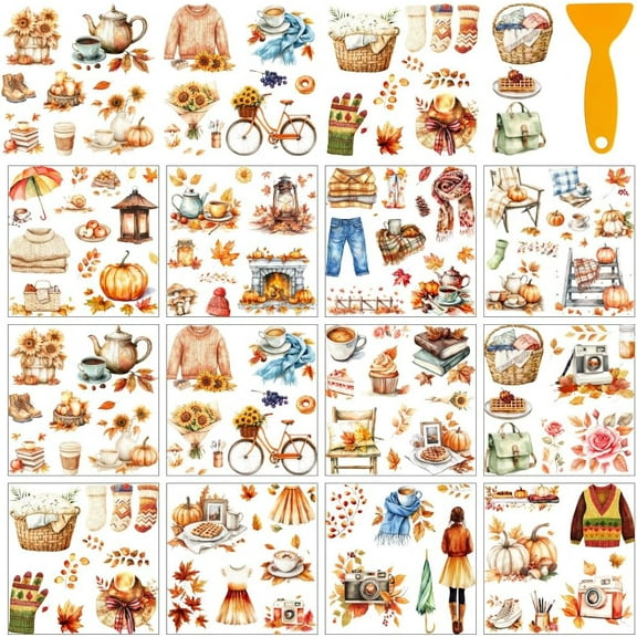 12 Sheets Rub On Transfer Stickers with Scraper Autumn Theme Stickers Warm Home Leaf Pumpkin Transfer Window Paper for Home Bookstore Window Decoration 5.5x5.5