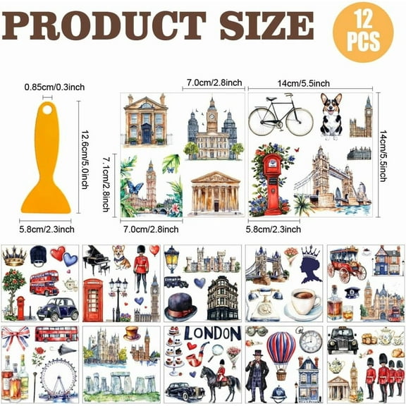 12 Sheets Rub On Transfer Stickers with Scraper British Theme Stickers with London City City Attractions Royal Escort for Bookstore Study Room School Window Decoration 5.5x5.5