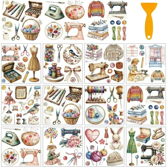 12 Sheets Rub On Transfer Stickers with Scraper Vintage Tailor Themed Stickers with Sewing Machine Sewing Tool for Home Classroom Crafts Wood Glass Porcelain Decor 5.5 x 5.5 Inches diy