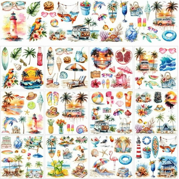 12 Sheets Rub on Transfers for Crafts and Furniture 12 Styles Summer Vacation Rub on Transfer Stickers Travelling PVC Rub On Decals for DIY Home Window Craft Decor 5.5x5.5 Inch for diy making