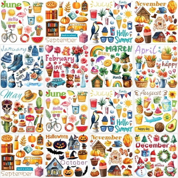 12 Sheets Rub on Transfers for Crafts and Furniture 12 Styles Vintage Seasonal Rub on Transfer Stickers 1-12 Months Holiday Seasonal Planner Stickers for DIY Home Window Craft Decor