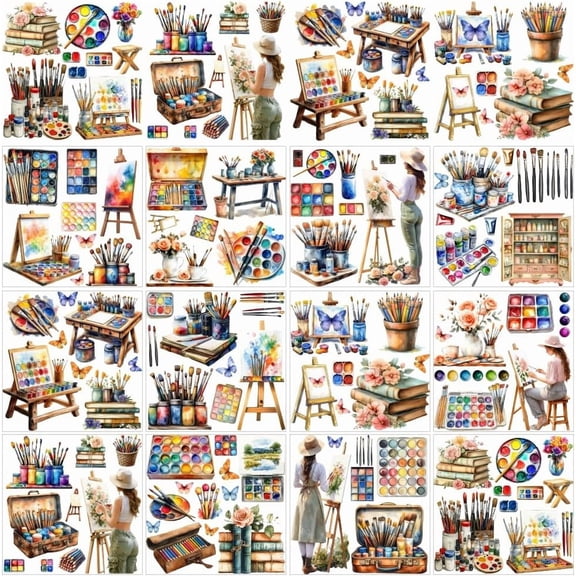 12 Sheets Rub on Transfers Crafts and Furniture 12 Styles Watercolor Paint Rub on Transfer Stickers Art Style PVC Rub On Decals