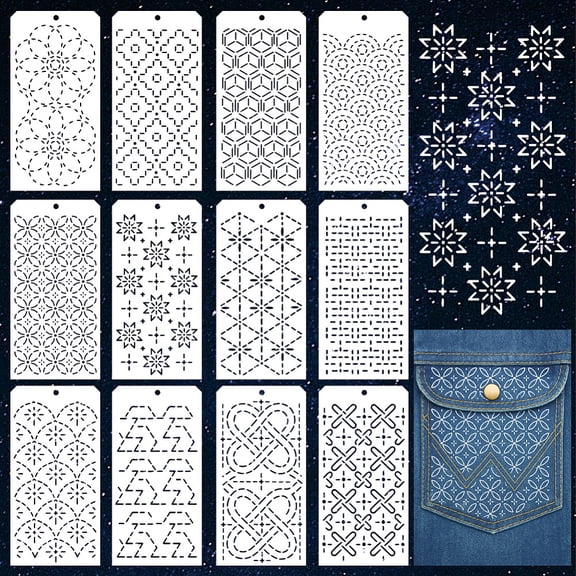 12 Sheets Sashiko Painting Stencils 12 Styles Sashiko Quilting Drawing Templates Reusable Border Stencil