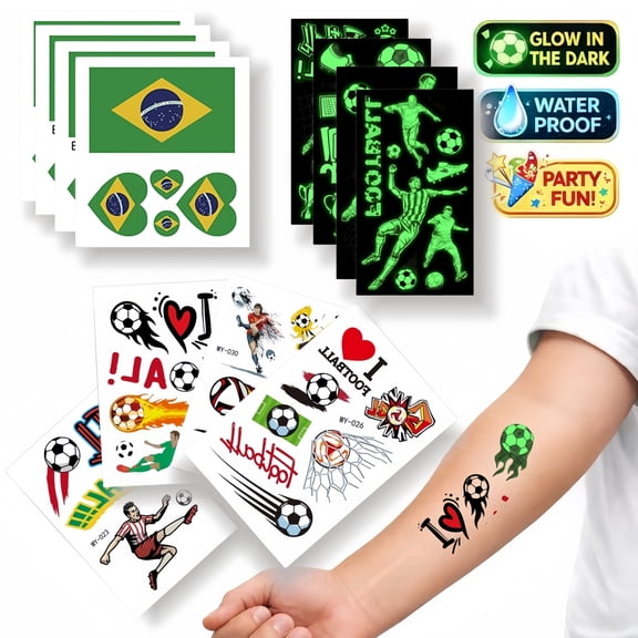 12 Sheets Soccer Temporary Tattoos  Brazil Flag Face Stickers, Glow-in-the-Dark & Waterproof Football Tattoos for Kids, Parties & Game Day