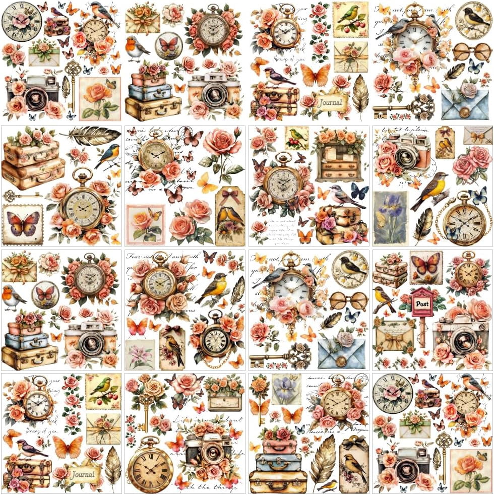 Sticker With Transfer Film 12 Sheets Spring Rose Art Stickers 12 Style Vintage Floral Window Films ...