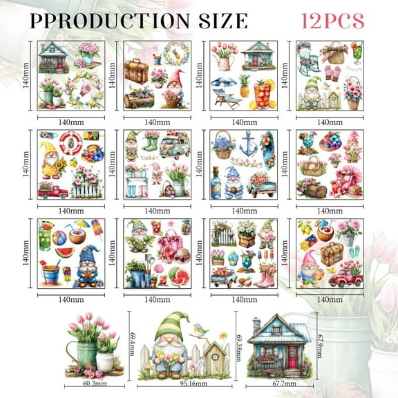 12 Sheets Spring Rub on Transfers for Crafts 12 Style Floral Garden Gnome Rub on Decals Heat Transfer Films Transfer Furniture Stickers for Arts Craft Decals 5.5x5.5 Inch