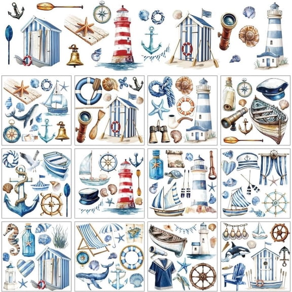 12 Sheets Summer Ocean Nautical Rub on Transfers for Crafts Ship Lighthouse Sea Life Rub on Transfer Stickers Summer PVC Rub on Decal for DIY Home Furniture Window Wood 14x14cm