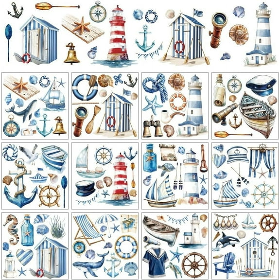 12 Sheets Summer Ocean Nautical Rub on Transfers for DIY Home Furniture Window Wood for Crafts Ship Lighthouse Sea Life Rub on Transfer Stickers Summer PVC Rub on Decal 14x14cm