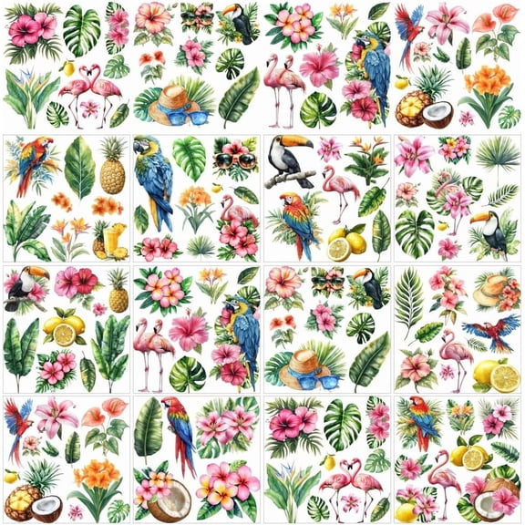 12 Sheets Summer Theme Rub on Transfers 12 Style Hawaiian Style Heat Transfer Film Green Plant Palm Flamingo Waterproof Rub on Stickers
