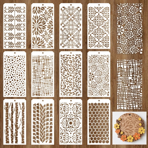 12 Sheets Texture Painting Stencils 12 Styles Geometric Honeycomb Brick Leopard Flower Grain Layering Templates Reusable Border Stencil