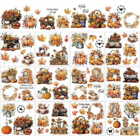 12 Sheets Thanksgiving Pumpkin Rub on Transfers for Crafts Hello Fall Rub on Transfer Stickers Autumn Maple Leaves Rub on Decal Sticker for Wood Paper Furniture DIY Home Decor 5.5x5.5"